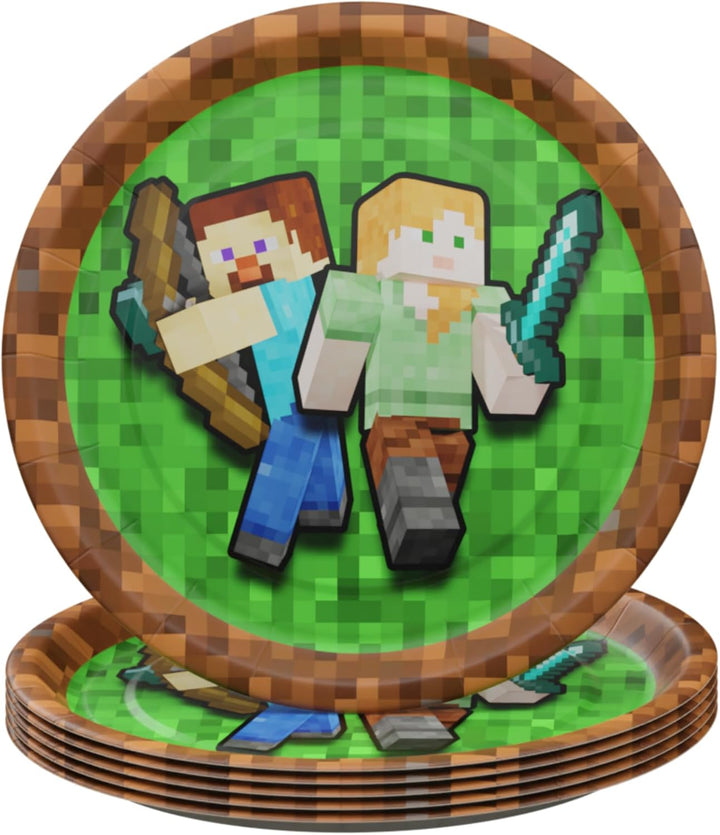 Pixel Miner Dinner and Dessert Plates (40 Pieces for 20 Guests) - Video Game Party Supplies, Mining Craft Decorations, Pixel Miner Party,