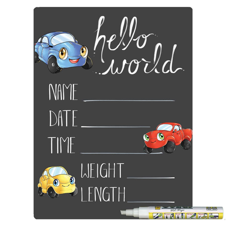 Hello World Newborn Baby Announcement Chalkboard Sign with Automobile Theme, 12 by 16 Inches, No Marker