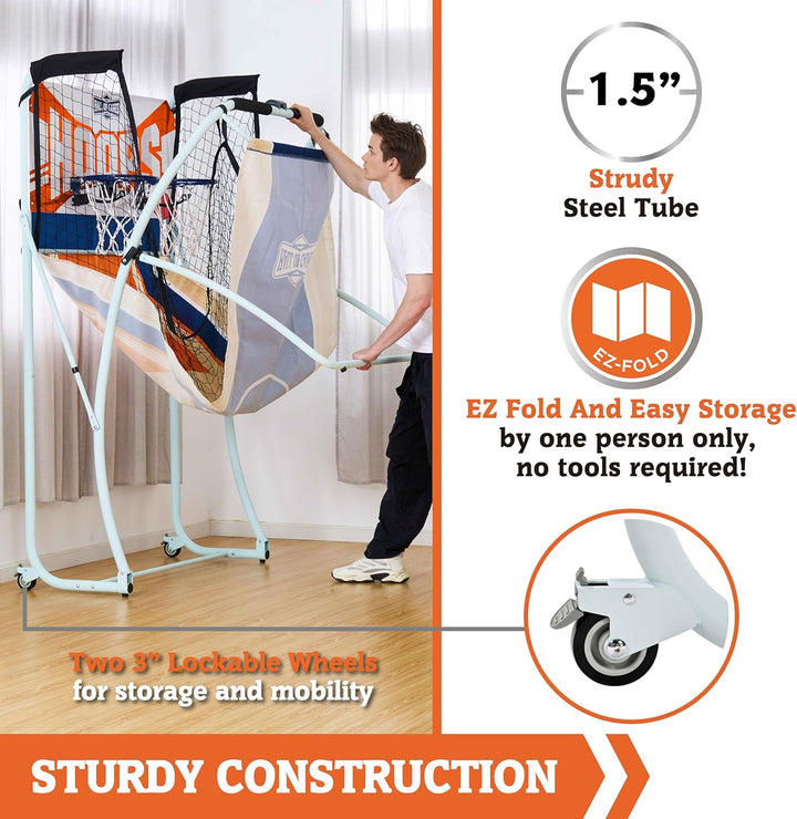 EZ Fold Premium Indoor Arcade Basketball Game with Steel Frame and Polycarbonate Backboard, Dual Shot Electronic Scoring with 6 Size 3 Balls Included, Perfect for Basement Game Rooms