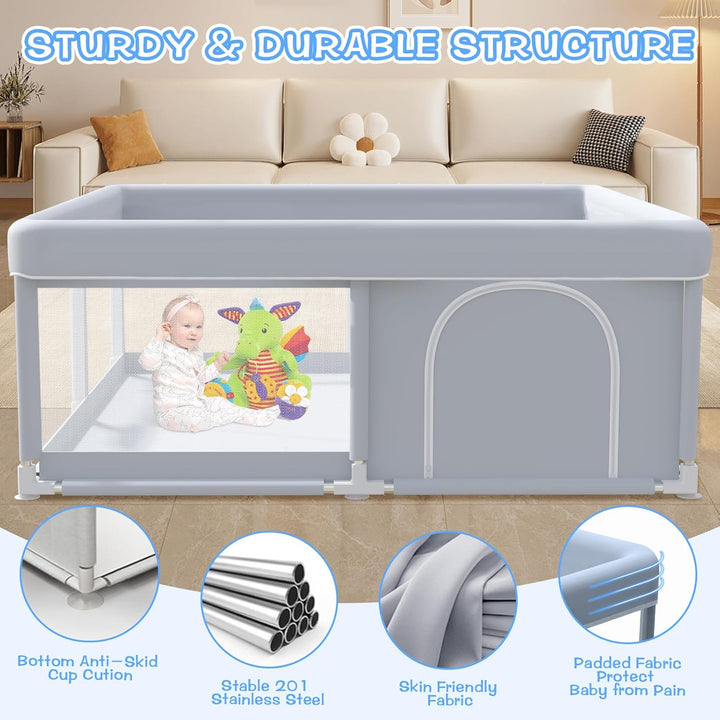 Baby Playpen 50 X 50 Inch Play Pen Playards, Playpen for Babies and Toddlers, Baby Playard for Indoor & Outdoor Active Center Game Fence, with Skin-Friendly Fabric and Soft Breathable Mesh Grey