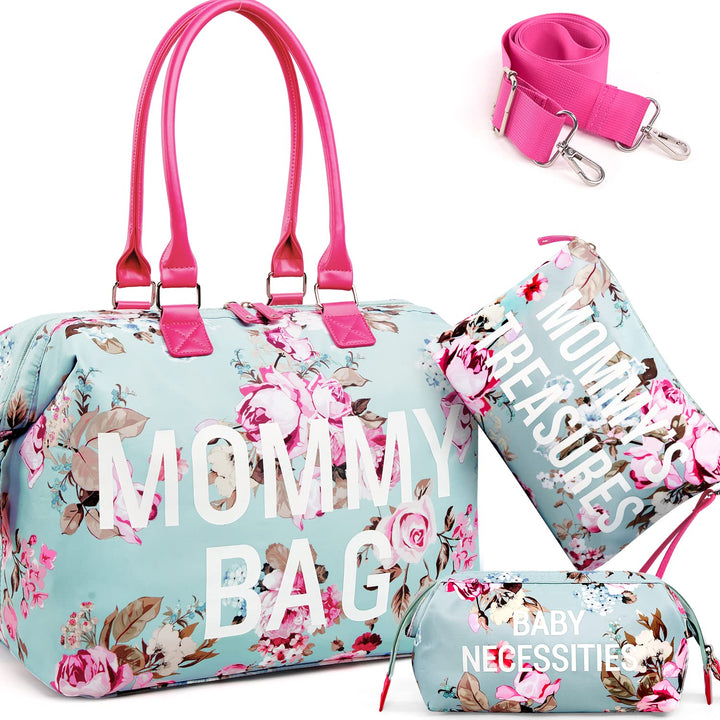 Mommy Bag for Hospital, Hospital Tote for Labor and Delivery, Large Capacity Waterproof Mommy Organizer, Multifunction Overnight Tote for Women, Mom Bag with Straps (Blue Floral)