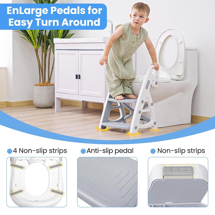 Potty Training Seat, 2-In-1 Toddler Toilet Seat with Step Stool, Ultra-Stable Potty Chair Attachment, Adjustable Seat and Step Ladder, Non-Slip Design, Splash Guard for Boys and Girls(Grey)