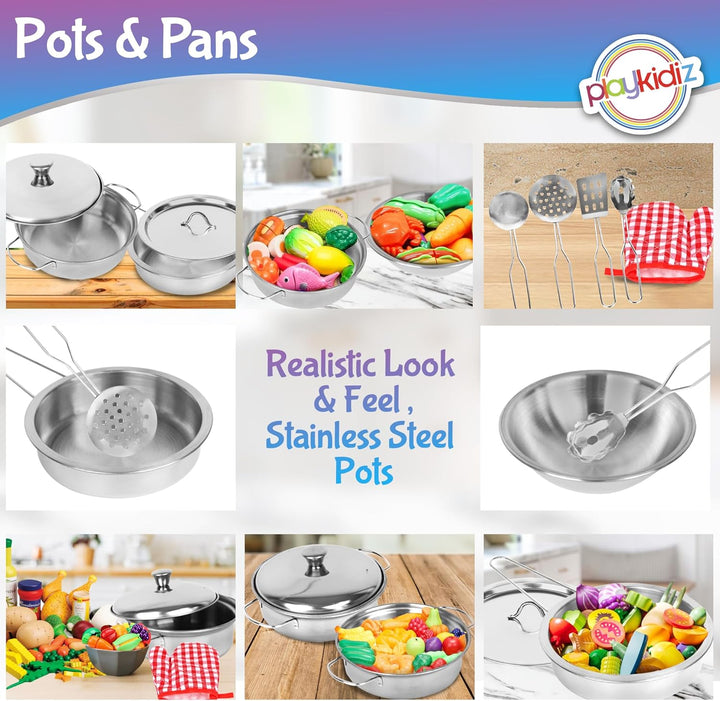 Stainless Steel Pots and Pans - Toy Cookware 9 Piece Playset for Kids Pretend Play House - Great Birthday Gift for Girls