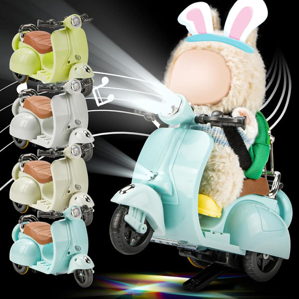 Mini Electric Doll Scooter for Toy, Could Rotate 360° Cute Plastic Scooter Toy Accessories, with Light and Music, Desktop Decor for Doll Collectors, Battery Not Included(Bule)
