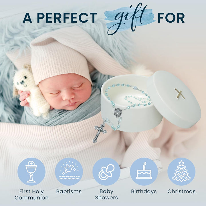 Sweet Treasures Gift – Baptism Gifts for Boys, First Rosary with Ceramic Keepsake Box and Card, Catholic Communion Gift, Christening and Baby Shower Rosary Beads, Blue
