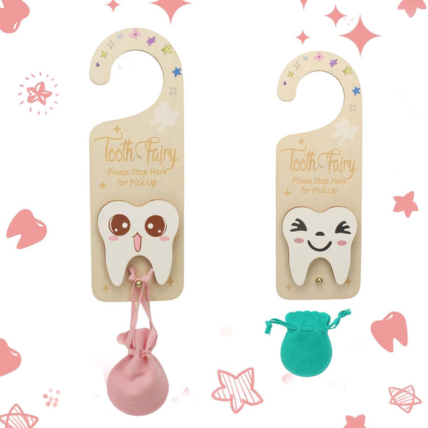 2 PCS Tooth Fairy Tooth Holder, Room Decor Tooth Fairy Door Hanger with Money Slot, Keepsake Bag & Elegant Patterns for Lost Teeth, Encourage Gift for Boys & Girls Milk Teeth