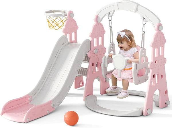 4-In-1 Kids Slide and Swing Set, Toddler Slide with Basketball Hoop, Swing, Outdoor Indoor Playground for Toddlers 1-3 (4 in 1-Pink)