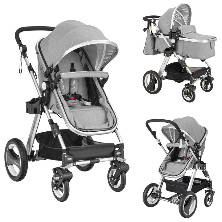 Baby Stroller, 2-In-1 Convertible Bassinet Reclining Stroller, Foldable Pram Carriage with 5-Point Harness, Including Cup Holder, Foot Cover, Diaper Bag, Aluminum Structure, Khaki