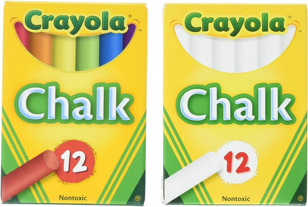 Non-Toxic White Chalk(12 Ct Box)And Colored Chalk(12 Ct Box) Bundle