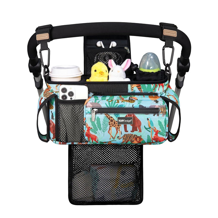 Universal Baby Stroller Organizer, Stroller Caddy with Detachable Mesh Bag & Heightened Insulated Cup Holders & Non-Slip Secure Hooks Accessories, Fits Most Strollers (Checkerboard)