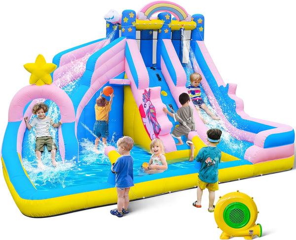 Inflatable Water Slide: 6 in 1 Bounce House Water Park for Kids - Climbing Wall Splash Pool 2 Water Cannon 2 Slide Basketball Rim - 550W Blower - for Outdoor Backyard Birthday Party