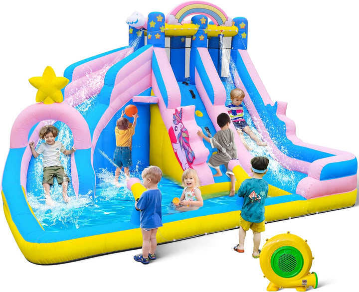 Inflatable Water Slide: 6 in 1 Bounce House Water Park for Kids - Climbing Wall Splash Pool 2 Water Cannon 2 Slide Basketball Rim - 550W Blower - for Outdoor Backyard Birthday Party