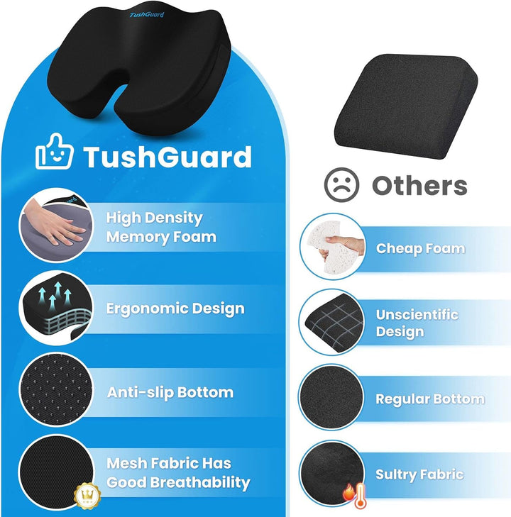 Seat Cushion for Office Chair Memory Foam Non-Slip Cushion Back, Relief Chair Pad, Butt Pillow for Office Chair, Car, Computer Desk, Black