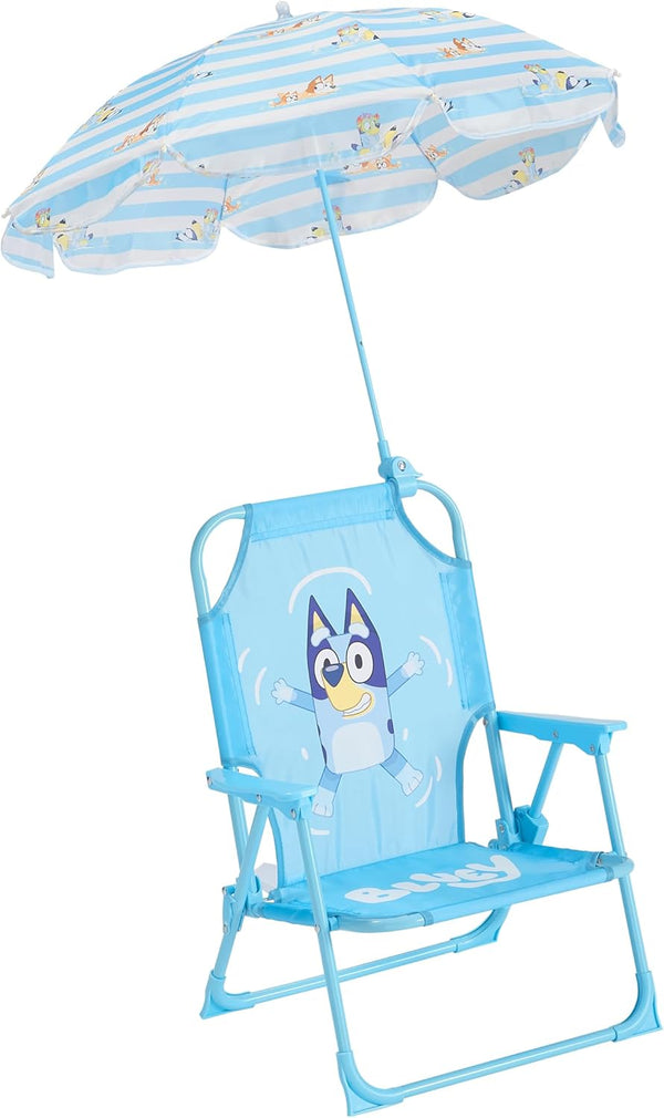 Bluey Kids Outdoor Folding Beach Chair with Umbrella,Portable Camp Chair for Ages 3+, Lightweight & Compact for Beach, Camping, and Backyard
