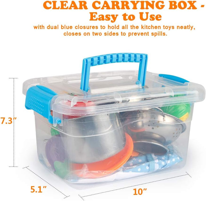 Play Kitchen Accessories, Kids Play Pots and Pans Playset with Mini Stainless Steel Pretend Play Cooking Toys, Cookware Utensils, Apron and Chef Hat, Cutting Food for Toddler Boys Girls