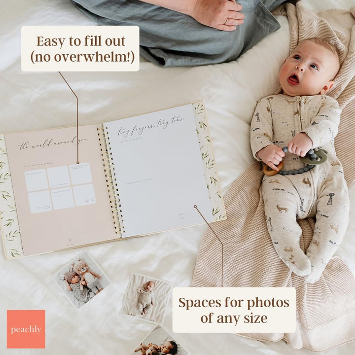 Unisex Baby Memory Book | Minimalist Baby First Year Keepsake for Milestones | Baby Books First Year Memory Book | Simple Baby Scrapbook for Boy Girl Milestones | Natural Linen - Olive