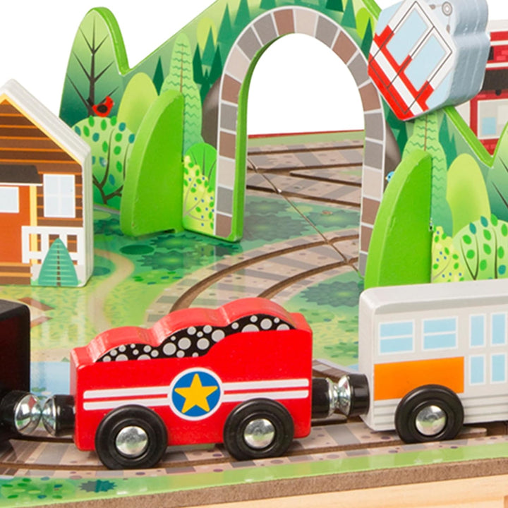 17-Piece Wooden Take-Along Tabletop Railroad, 3 Trains, Truck, Play Pieces, Bridge - FSC Certified