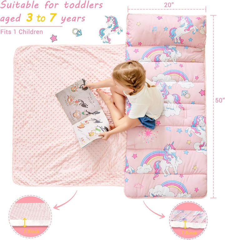 Toddler Nap Mat with Pillow and Blanket, Extra Large Rolled Napping Mats,Slumber Bags for Boys Girls,Kids Sleeping Bag for Daycare, Preschool Travel Camping