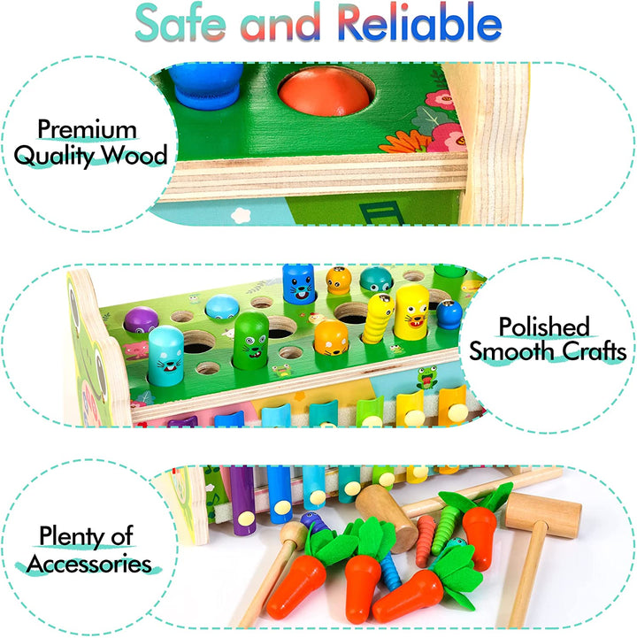 6-IN-1 Wooden Montessori Toys for 1 Year Old, Mole-Tapping Game | Play the Xylophone | Frog Clock | Carrot Harvest Game | Spinning Gear, Toddler Toys Aged 1-4, Baby Toy Gift for Early Learning