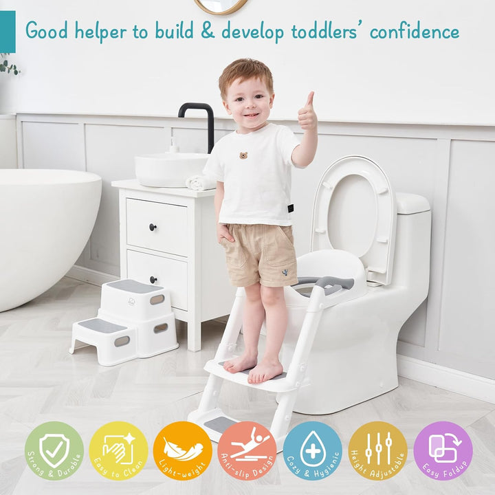 Potty Training Toilet Seat with Step Stool Ladder, Toddler Kids Potty Seat for Boys Girls, Non Slip Foldable Toilet Training Seat with Soft Cushion, Comfortable Handles (White-Grey)
