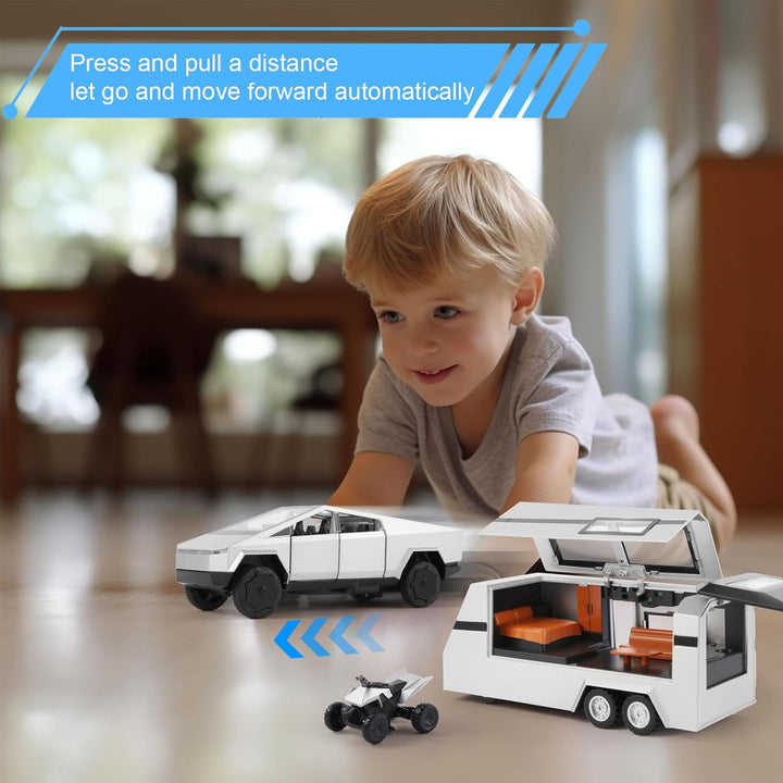1/32 Alloy Car Trucks Toy Pickup Trailer RV Model Kit with Beach Motorcycle, Diecast Alloy Metal RV Car Model Toys with Sound Light and Pull Back Power,Christmas Birthday Gift for Boy Girl-Silver