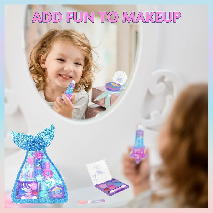 Mermaid Vibes Makeup Set with 8 Pieces, Including Lip Gloss, Nail Polish, Body Shimmer and More in Mermaid Bag, Ages 3+ for Parties, Sleepovers and Makeovers