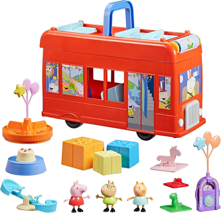 2-In-1 Party Bus Playset with 3 Figures and 13 Accessory Pieces, Preschool Toys for Girls and Boys, Kids Gifts, Ages 3+