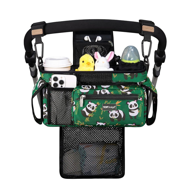 Universal Baby Stroller Organizer, Stroller Caddy with Detachable Mesh Bag & Heightened Insulated Cup Holders & Non-Slip Secure Hooks Accessories, Fits Most Strollers (Checkerboard)