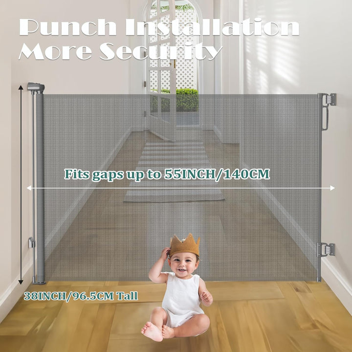 Retractable Baby Gates Extra Wide | 55" Wide X 38" Tall Dog Gates for Stairs | Indoor/Outdoor Use | Child Gates for Doorways, Deck, Porch, Hallways, Patio - Gray