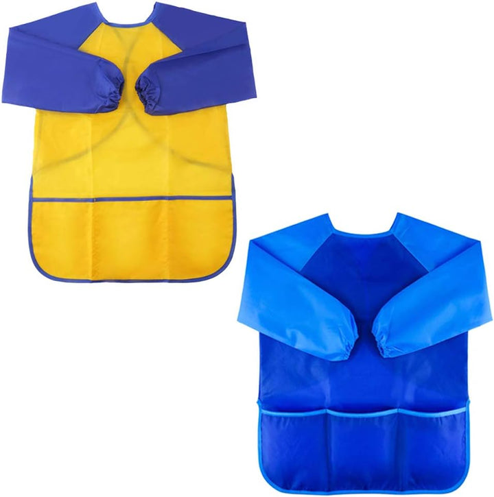 2 Pack Kids Art Smock Colorful Waterproof Children Art Aprons Artist Painting Aprons with Long Sleeve 3 Roomy Pockets for Age 3-7 Years,Yellow and Blue