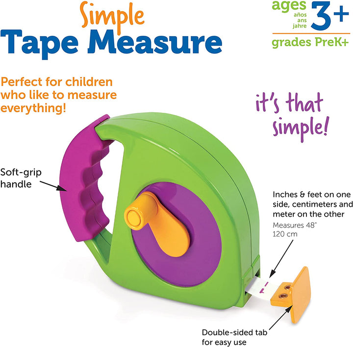 Simple Tape Measure, Ages 3+, Retractable Toy Tape Measure, Measures 4 Feet, Construction Toy for Kids,Back to School