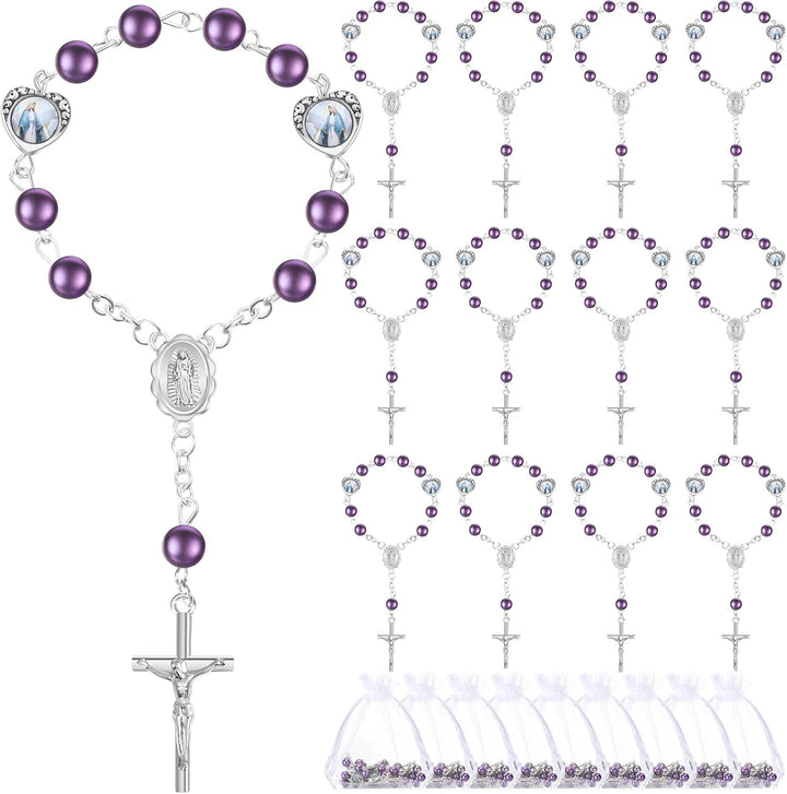 30 Sets Baptism Mini Rosary with Organza Bags Faux Pearls Baptism Rosary Favors for Guests Catholic Finger for Christening Weddings Party Favors First Communion Gift(Silvery)