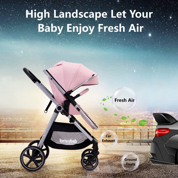 2-In-1 Baby Stroller with Bassinet Mode - Folding Infant Newborn Pram Stroller with Reversible Seat - Toddler Strollers for 0-36 Months Old Babies (Pink)