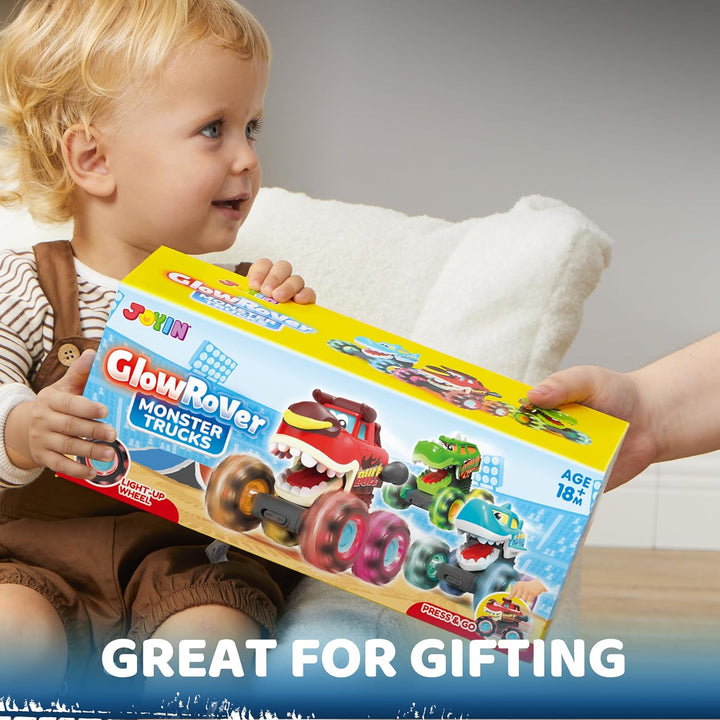 3 Pack Monster Truck Toy - Motion Activated Light-Up Cars for Toddlers - Monster Treads Lightning Wheels - Baby Toy Present - Press & Go Cars for Boys Girls Birthday Gifts