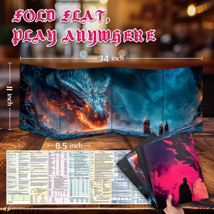 2 PCS DM Screen for D&D 5E with 2 Immersive Themes，Waterproof Reusable Surface, Tri-Fold Portable Design Folds to A4 Size DND Accessories Compatible with Players Handbook