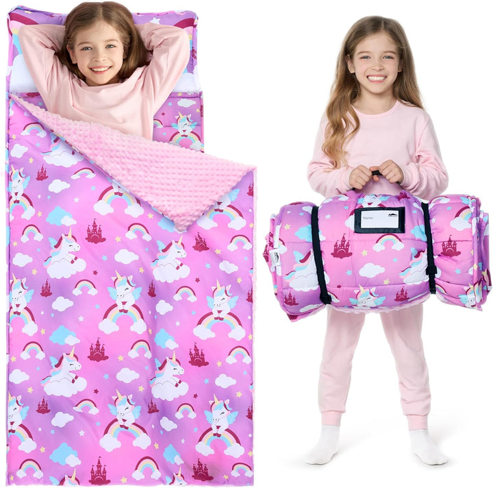 Toddler Nap Mat for Preschool 55''X30'' Sleeping Mat with Removable Pillow and Minky Blanket for Kids Ages 3-7 Roll up Soft Kids Sleeping Bag for Boys Girls Kindergarten Daycare Sleepover