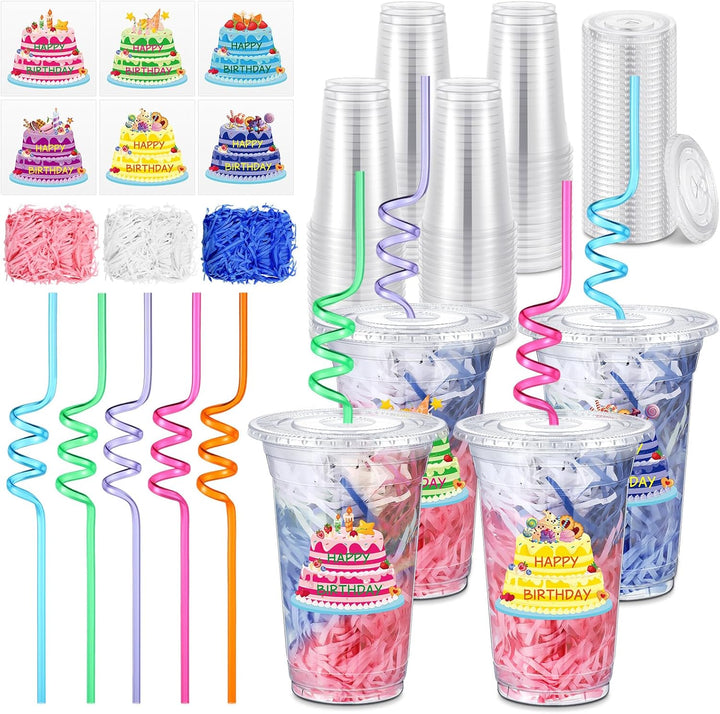 24 Set Creative Happy Birthday Gifts from Teacher Students Birthday Cups with Lids Colorful Straws Stickers and Raffia Disposable Plastic Cups for Reward Kids Prize Classroom Party Supplies