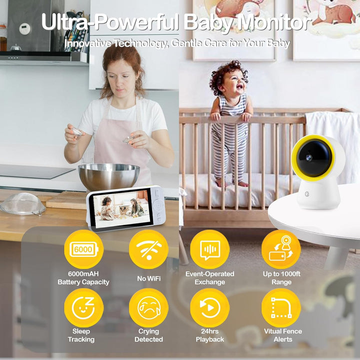 Baby Monitor No Wifi, Baby Monitor with Camera and Audio, 5" IPS 1080P with Wall Mount, 6000Mah Battery, 1000Ft Range, Smart Monitoring 24Hrs Playback, AI Cry Detection & Sleep Tracking