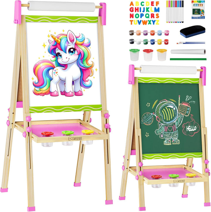 Easel for Kids,Wooden Toddler Art Easel,Kid Toys for Ages 5-7 8-13,3 4 5 6 7 8 9 Year Old Boy Girl Birthday Gifts,Double-Sided Magnetic Dry Erase Whiteboard and Chalk Board with Art Supplie Paper Roll
