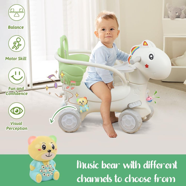 4 in 1 Rocking Horse Ages 1-3, Baby Rocking Toy Birthday Gift for Toddlers 1-3 Years Old, Balance Bike Ride on Toys with Push Handle, Backrest and Balance Board for Baby Girl and Boy, Green