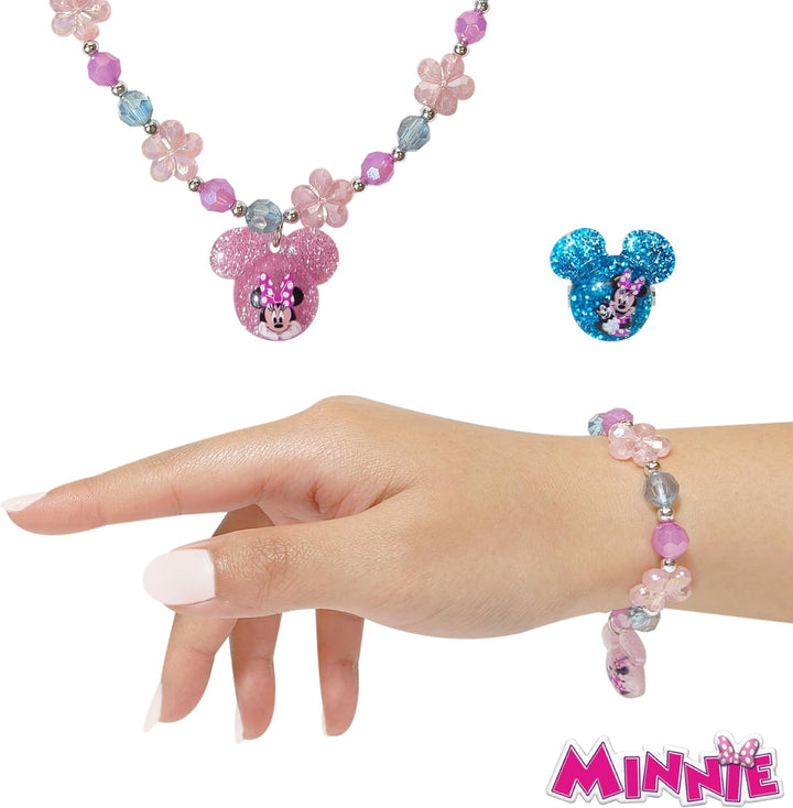 Disney Minnie Girls Jewelry Set - Dress up Toy Jewelry Box Sets with Bead Necklace, Bead Bracelet and Ring - Play Accessories - Ages 3+
