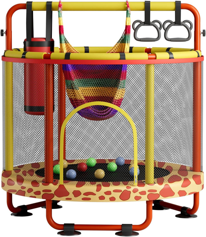 55" Trampoline for Kids with Enclosure, 440Lbs Capacity Indoor & Outdoor Toddler Trampoline with Adjustable Gymnastics Bar & Toys, for Boys & Girls