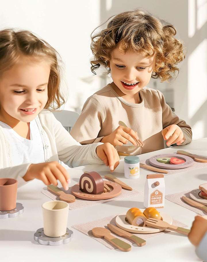 4-Set Wooden Play Dishes Set - Montessori-Inspired Play Food Accessories for Kids, Pretend Play Kitchen Set for Toddlers, Role Play Gift for Boys and Girls