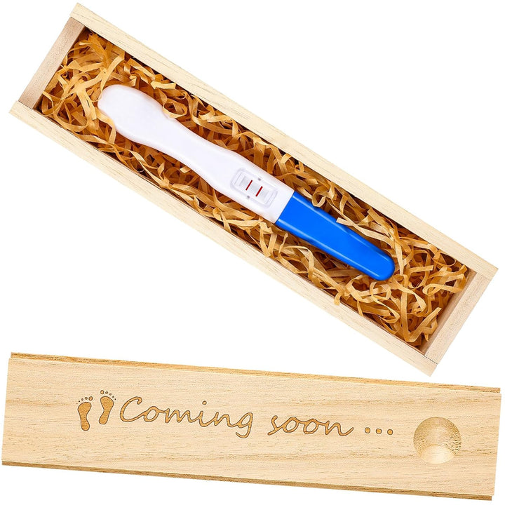 Pregnancy Test Keepsake Box Surprise Pregnancy Announcement Box Wooden Baby for Husband Grandparents Baby Memory Souvenir Collection Case with Raffia Ribbon(Classic)