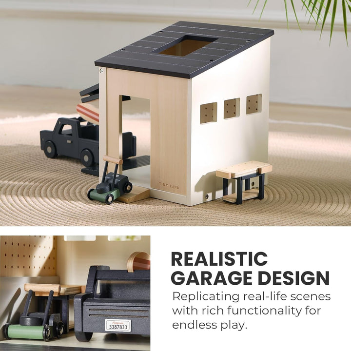 Wooden Dollhouse Garage Toy Set – Realistic Design with Garage, Workbench, Lawn Mower, and SUV Car – Ideal Gift for Kids