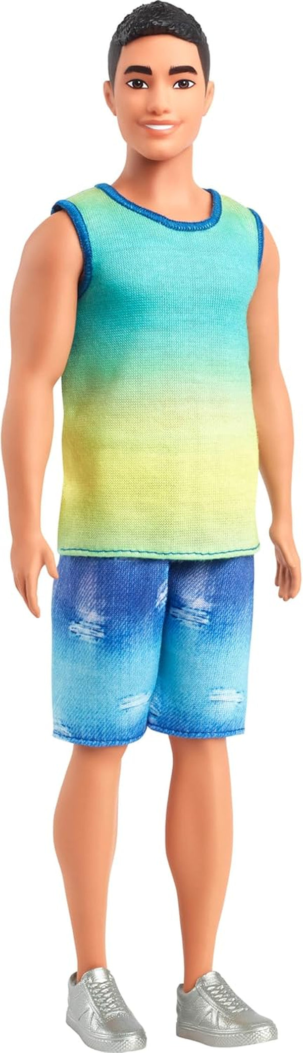 Fashionistas Ken Doll #236 with Black Hair, Wearing Blue and Green Ombre Tank with Jean Shorts and Silver Sneakers