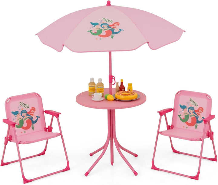 Kids Picnic Table, Kids Outdoor Table with 2 Folding Chairs, Height Adjustable Umbrella, Portable Children Outdoor Furniture for Patio, Garden, Backyard (Green)