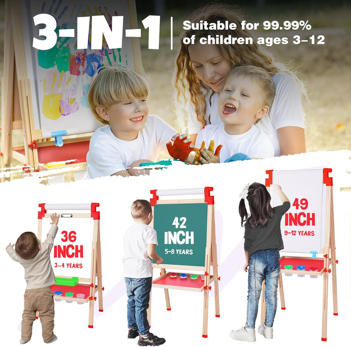 Kids Wooden Easel with Paper Roll - Adjustable Magnetic Double Sided Drawing Board Whiteboard & Chalkboard Dry Easel Board, Children Art Easel for 3~12 Years Kids Boys Girls Painting Drawing