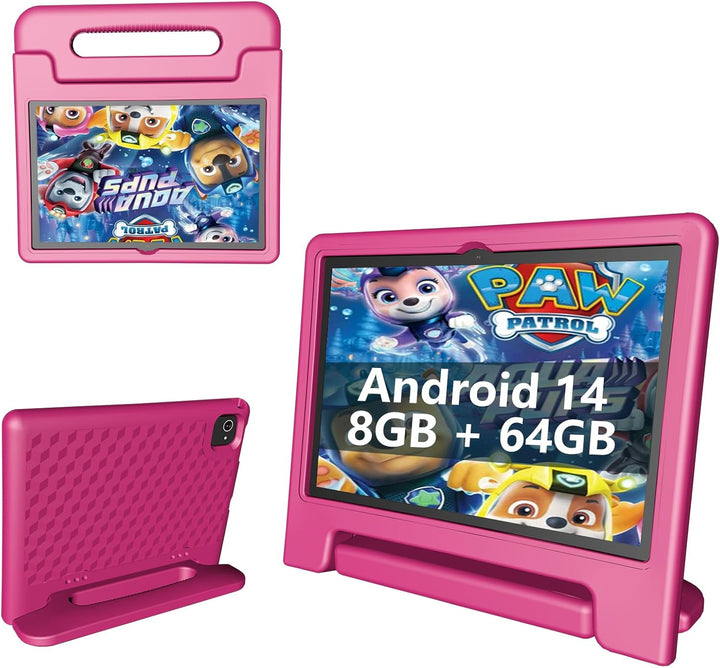 Kids Tablet with Strap, Android 14 Tablet for Kids 10 Inch, Toddler Tablets Octa-Core 64GB 1TB Expandable, Children'S Tablets with Case, Bluetooth Wifi Parental Control Dual