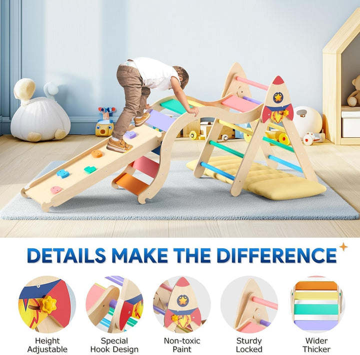 Pikler Triangle Set with Cushion, 9-In-1 Kids Climbing Toys for Toddlers 1-3 Inside, Montessori Toddler Climbing Toys Indoor, Large Wooden Pikler Triangle Climbing Set Baby Playground for Children